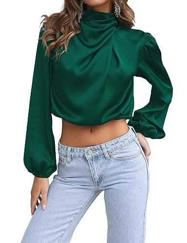 Womens Long Sleeve High Neck Satin Tops Pleated Loose Elegant Tops Long Sleeve Chiffon Solid Blouses Ladies Work T-Shirts