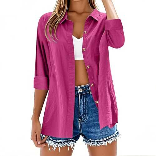 Womens Tops Long Sleeve Casual Button Down Cotton Linen Shirts Solid Color Summer Tshirts V Neck Roll Up Collared Loose Oversized Tees Lightweight Dressy Blouses Office Work Ladies Tunic Tops
