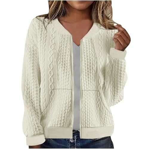 ANHATUIV Cardigan Sweaters for Women UK Full Zip Jacket Long Sleeve Sweatshirt with Pockets Cable Knit Coat Lightweight Bomber Jacket Elegant Fall Outfits Casual Pullover Bolero Female Jacket Coat