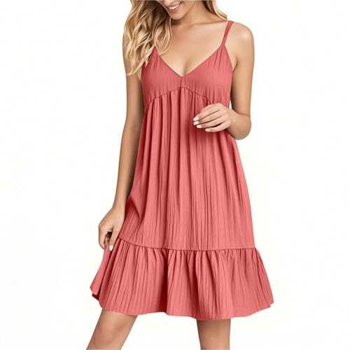 Summer Dresses for Women UK Plus Size Solid Color Sleeveless Smocked Mini Dress Going Out Elegant Party Prom Trendy Dresses Wedding Guest Casual Loose V Neck Dress for Beach Vacation Holiday
