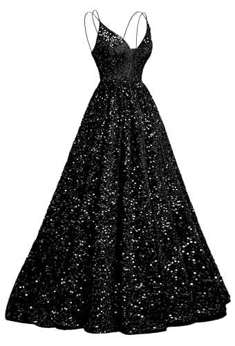 HSFIYAKJ Sequin Prom Dresses Long Sparkly Ball Gown 2024 Spaghetti Straps V Neck A Line Formal Evening Dress for Women