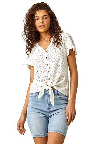 Roman Originals Women Broderie Anglaise Tie Front Top Ladies Floral Crochet Embroidered Blouse Smart Casual Button Down Summer T-Shirt Tee Spring Cruise Beach Holiday Party