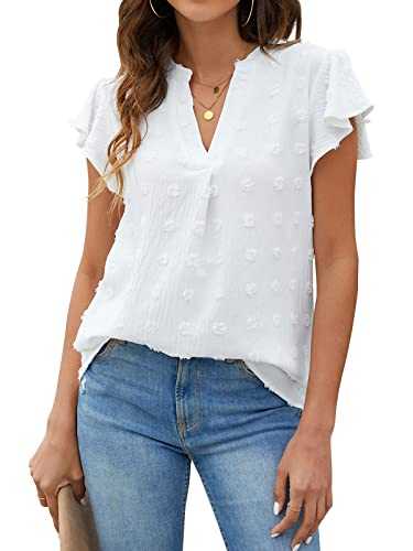 Blooming Jelly Womens White T-Shirts Chiffon Blouse V Neck Ruffle Sleeve Summer Tops