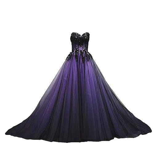 Kivary Sweetheart Black Tulle Gold Lace Corset Ball Gown Gothic Prom Wedding Dresses