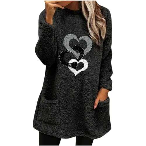 AMhomely 2023 Womens Sherpa Pullover Christmas Round Neck Printed Pocket Long Sleeve Thickened Warm Coat Top Fall 2023 Trendy Clothes Outdoor Activewear UK Size 8-22