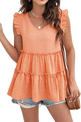 AGSEEM Womens Babydoll Tank Tops V Neck Ruffle Sleeve Pleated Peplum Shirts Summer