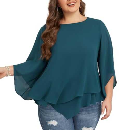Hanna Nikole Women's Plus Size Chiffon Blouses 3/4 Sleeve Double Layer Shirt Flowy Elegant Tops Loose Long Shirt