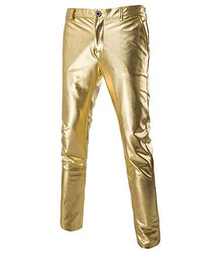 Mens Casual Trousers Leather Metallic Shiny Gold Silver Golf Straight Nightclub Cosplay Trouser