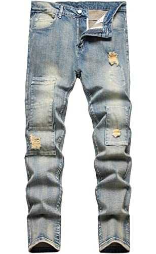FREDD MARSHALL Men's Skinny Fit Ripped Distressed Stretch Patched Biker Moto Style Fashion Hip Hop Washed Denim Jeans Pants