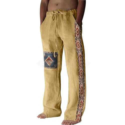 Mens Linen Trousers Casual Loose Fit Straight Legs Stretchy Waist Beach Pants Drawstring Cotton Jogging Bottoms for Men UK Comfy Lace Up Summer Trouser Baggy Work Jogger Sweatpants