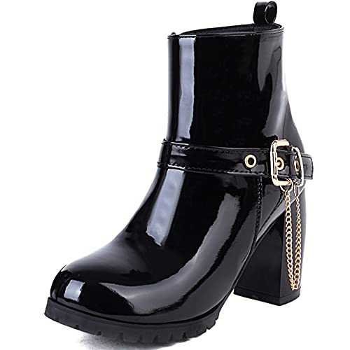 CuteFlats Ankle Shiny Leather Boots with Chunky Heel for Fashion Women