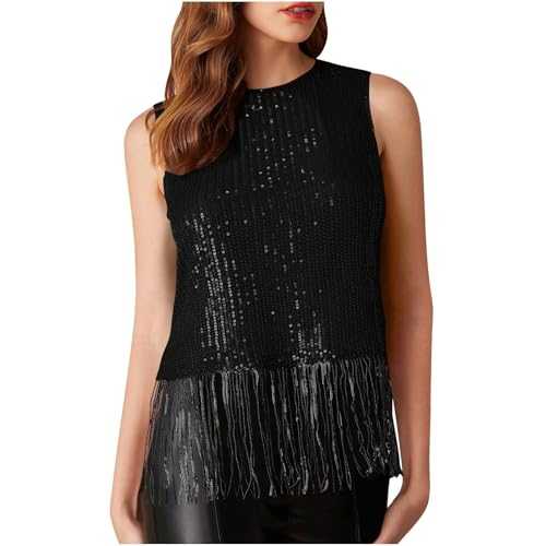 Women's Sequin Tops Glitter Fringe Party Vest Sleeveless Sparkle Blouse Women's Sequin Tank Top Fashion Crew Neck Wide Cami Vests Elegant Casual Night Out Club Party Shirt Tunics Top