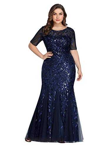 Ever-Pretty Women's Elegant O Neck Short Sleeve Floor Length Mermaid Embroidery with Sequin Plus Size Ball Evening Dresses Navy Blue 24UK