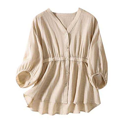 Ladies Tops Summer 3/4 Sleeve Blouse Elegant Cotton Linen Tunic Tops Shirts Button Up Blouse Elastic Waist T Shirts Baggy Swing Tee Shirts Button Up Party Tunic Tops Going Out Beige M