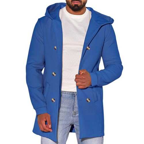 Men's Blue Hooded Duffle Coat, Winter Jacket with Stylish Toggle Buttons, Casual and Warm Wool Blend Overcoat, Classic British-Inspired Design, Durable and Comfortable for Cold Weather