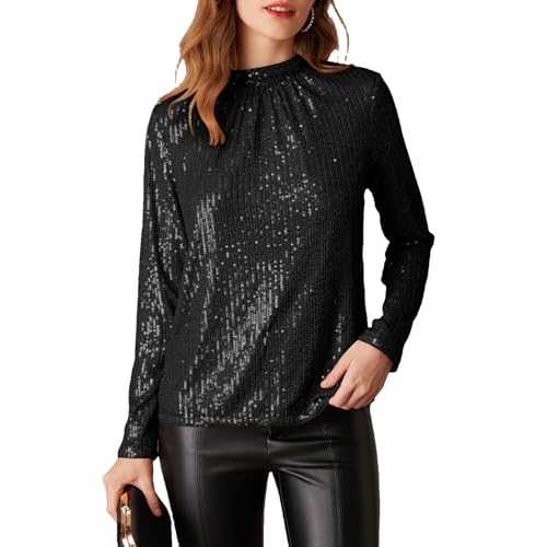 GRACE KARIN Women Sequin top Long Sleeve Stand Collar Blouse Glitter Vintage Shirts Sparkly Party Club Wear