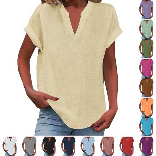 HUIFUAO Cotton and Linen T Shirts for Women Plus Size Ladies Tee Shirts V Neck Short Sleeve Basic Elegant White Tops Tunic