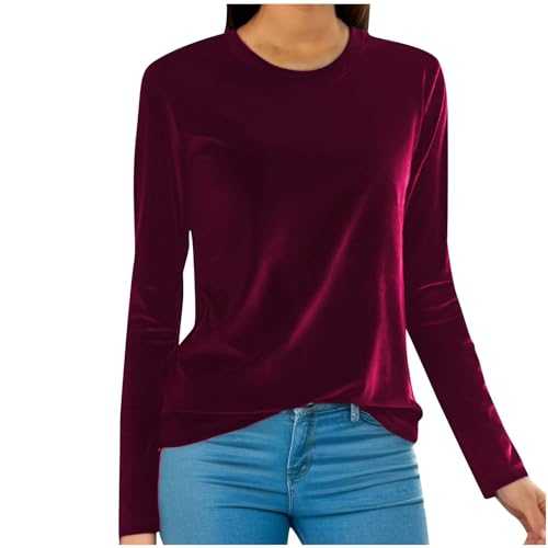 Keepink Womens Long Sleeve Tops Round Neck Vintage Velvet Blouse Solid Color Elegant Velour Pullover Dressy Casual Tunic Shirts Baggy Tees Party Work Office Jumpers Plus Size 10-20