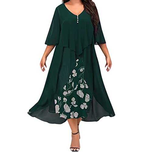 Long Dresses for Women UK, Women Plus Size Casual Print Dress Lace Round Neck Dress Mid Long Sleeve Irregular Lace Long Dress formal Dress Evening Party Holiday Elegant Ladies Wedding Guest Dress