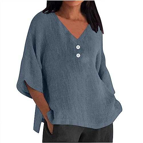Womens Tops UK Cotton Linen Solid Dressy Lightweight Tops Round V Neck Ladies Henley Neck T Shirt 3/4 Sleeve lit Hem Elegant Casual Loose Ladies Blouses Plus Size 8-22