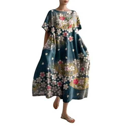 Women's Cotton Summer Dresses Women's Retro Botanical Floral Design Printed Casual Loose Dress with Pocket Cute Black Dress Ladies Sequin Dresses Green Mini
