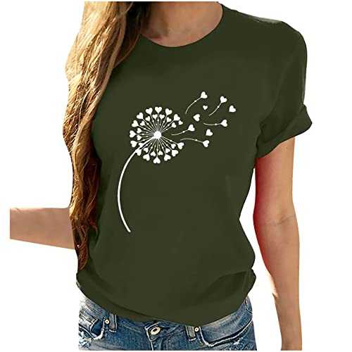AMhomely Plus Size Womens T Shirts Ladies Plus Size Tunic Top Dandelion Print Blouse Short Sleeve Summer Tees Shirts Round Neck Floral Pullover Tops Loose Basic T Shirts Activewear