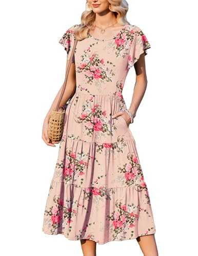 Zeagoo Womens Maxi Dress Summer Casual Dresses Short Sleeve Long Dress Elegant Crew Neck Dress with Pockets Flowy Swing A-Line Dresses Holiday Beach Dresses