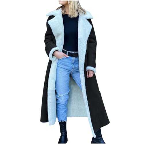 Zeiayuas Winter Coats for Women Faux Suede Shearling Lapel Coat Thermal Sherpa Fleece Lined Long Peacoats Sheepskin Buckle Jackets Warm Plush Overcoat Moto Bomber Jacket Leather Coat Outerwear