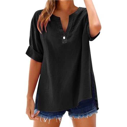 Ladies Tee Shirts Size 18 Cotton Linen Neck Roll Plain Black T Shirt Summer Beach Wear for Vacation Daily Office Blouses Navy Tshirt Women White Evening Tops Sale