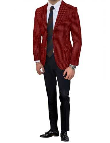 Cdkoke Men's Suit Notch Lapel 2 Pieces Houndstooth Jacket Pants Casual Party Tuxedos Set