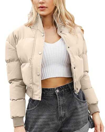 FEOYA Cropped Puffer Jacket for Women Winter Warm Quilted Short Bubble Coat Y2K Down Jackets Padded Zip Up Crop Coats