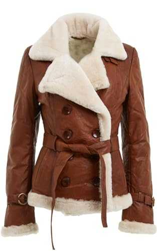 Women’s Tan Double Breasted Real Shearling Sheepskin Leather Pea Coat
