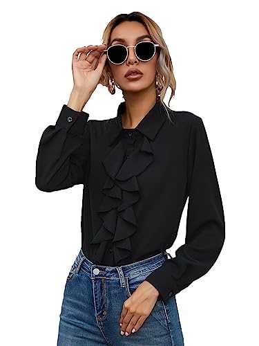 GORGLITTER Women's Ruffle Trim Long Sleeve Top Blouse Shirt Button Up Collar Neck Elegant Tunic Top Lightweight Blouse