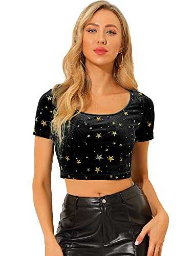 Allegra K Women's T Shirt Short Sleeve Velvet Scoop Neck Slim Fit Crop Top