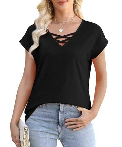 JomeDesign Womens Summer Tops Short Sleeve Shirts V Neck Tshirts Loose Casual Tunic Blouses Criss Cross Tees