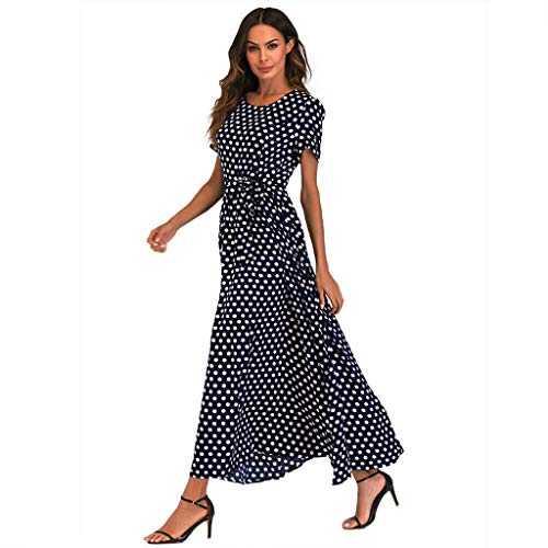 Maxi Dresses for Women UK Sale Clearance Polka Dot Short Sleeve Summer Dresses with Belt Evening Party Holiday Elegant Ladies Wedding Guest Dress Beach Boho Hawaiian Dress Sundress Long Dresses