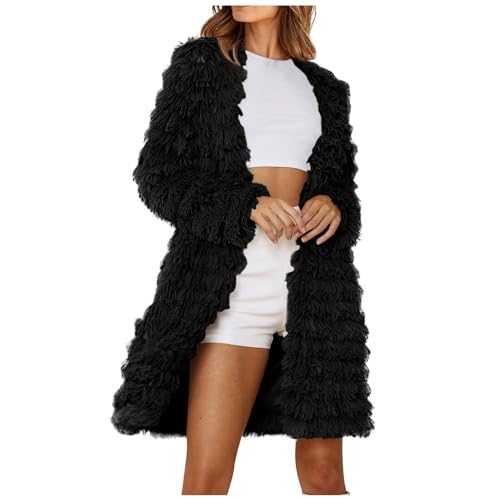 Women's Fuzzy Fleece Open Front Long Jacket Coat Faux Fur Warm Winter Outwear Cardigan Sherpa Shaggy Jackets Thickened Windproof Outwear Ladies Teddy Bear Faux Fur Full Length Overcoat Ladies