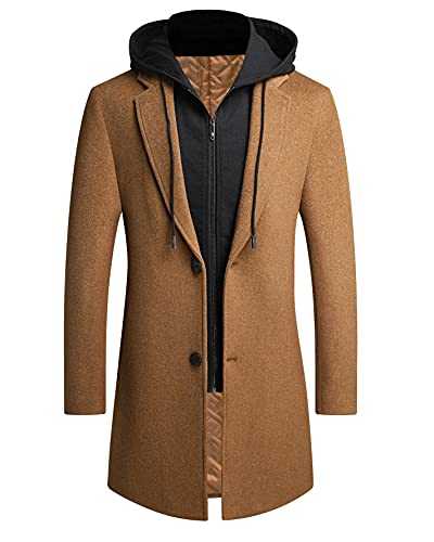 Men's Wool Coat Hoodie Long Trench Coat Cotton Casual Woollen Overcoat Jacket