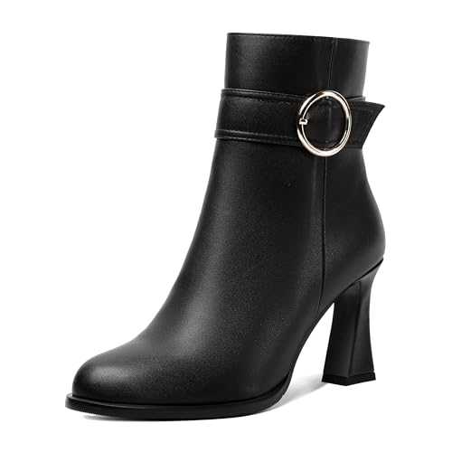 AMBELIGHT Womens Party Round Toe Zip Casual Solid Matte Block High Heel Ankle High Boots 3.3 Inch