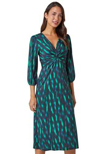 Roman Originals Fit and Flare Dress for Women Ladies Chest Twist Knot Ruched Tea Skater Empire Waist Wedding Guest Smart Casual Swing Midi 3/4 Long Sleeve Knee Length