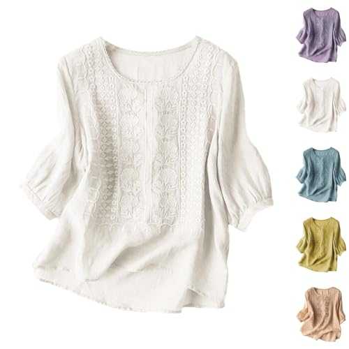 Women's Cotton Linen Tops 3/4 Sleeves Short Sleeve Crew Neck Breathable Trendy Solid Color Boho T-Shirts Casual Thin Stylish Pleated Cotton Lightweigh Blouses