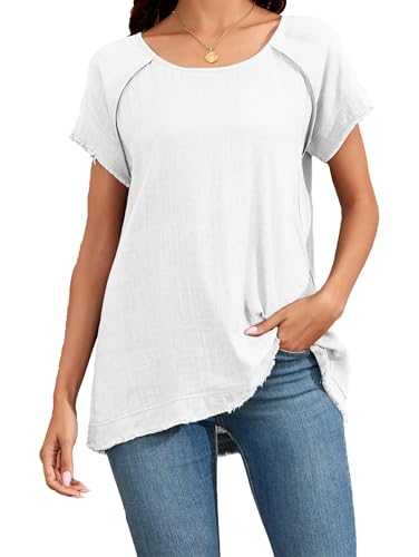 Famulily Womens Boho Short Sleeve Linen Tops Crew Neck Summer T-Shirt Loose Casual Raw Edge Hem Tunic Blouse