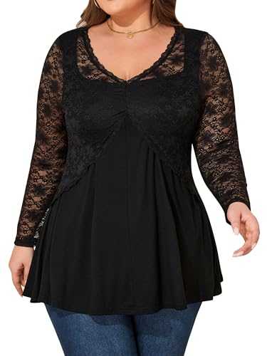 unewmy Black Lace V-Neck Ruffle Tops for Plus Size Women Long Sleeve Elegant Formal Party T-Shirt Tunic Blouse UK 18-28