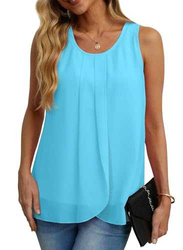 IWOLLENCE Womens Summer Vests Tops Blouses Chiffon Sleeveless Round Neck Lining Casual Shirts Flowy Ladies Tank Tops for Women UK
