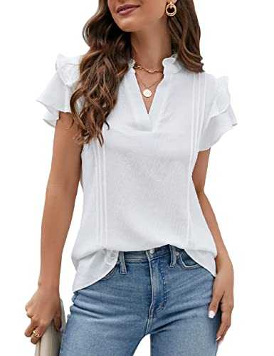Womens Dressy Casual Tops Ruffle Short Sleeve V Neck Shirts Elegant Business Work Blouse