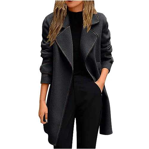 HAOLEI Women's Jackets Open Front Oversized Knit Long Cardigan Coat with Pockets Ladies Mid Long Pea Coats Notch Lapel Button Fall Sweaters Wool Blend Overcoat Winter Outwear UK Plus Size