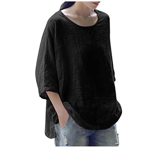 Summer Tops for Women UK Sale 3/4 Sleeve Cotton Linen Solid Crew Neck Ladies Tops Casual Loose Three Quarter Sleeve Tunic T Shirt Plus Size Elegant Blouse Shirts UK 8-18