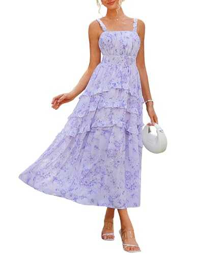 GRACE KARIN Women Summer Floral Maxi Dress Spaghetti Straps Chiffon A Line Ruffled Smocked Dress