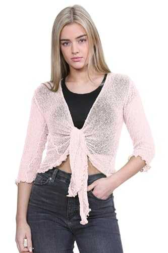 janisramone® Women s Shrugs, Double Fine Knit 3/4 Sleeve Tie Front Top, Bolero Cardigans for Women, Stretchy Cropped Cardigan, Lightweight Summer Shrug, Ladies Evening Tops