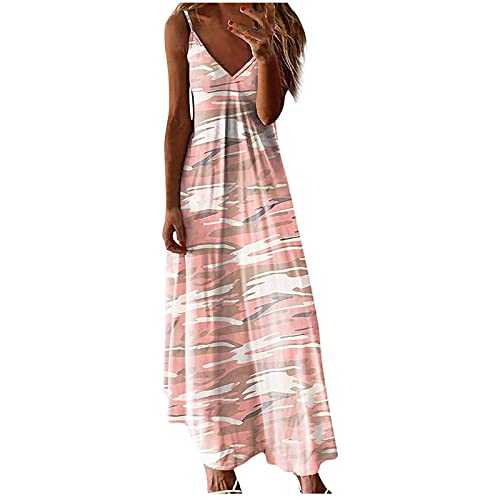 AMhomely Summer Dresses for Women Plus Size Camouflage and Leopard Print V-Neck Sleeveless Maxi Long Dress Long Party Elegant Dress Ladies Dresses Sale Clearance UK Size